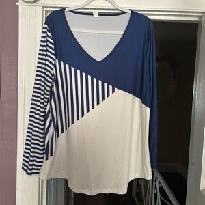 Navy and White Striped V-Neck Women's Top,